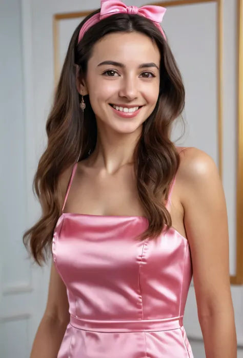 a beautiful young Spanish woman with long brunette hair, wearing a shiny pink satin sheath dress with spaghetti straps, hairband, necklace, looking at the camera, Wait for it,, to be kissed, happy smiling facial expression, perfect brown eyes, extremely de...