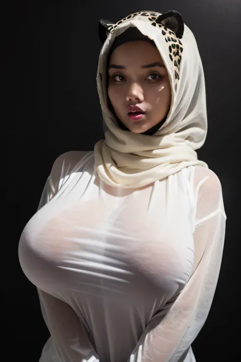 ((GOTHIC GOTH GIRL BLACK LIPS)), Jumbo (Singlet), Chubby adorable, 1 girl, (face to face), , baby face, angry face expression, half body portrait, (face details: 1), (eye details: 1), ((big breasts)). wearing transparent transparency soft long shirt, hijab...