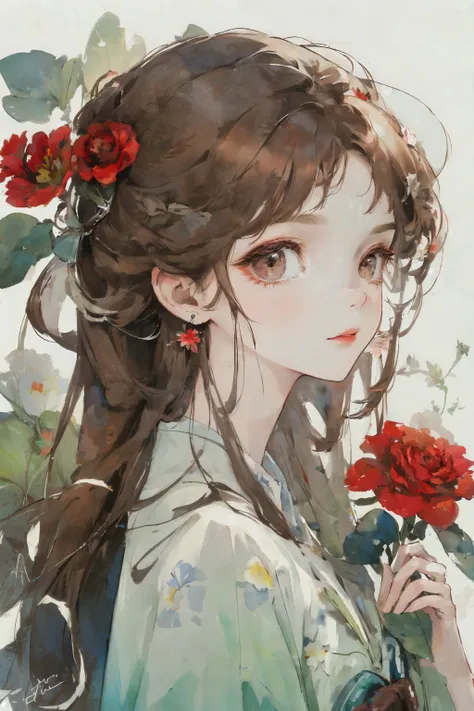 (aquarelle:1.2),1girll, Solo, flower, rosette， sportrait, Foliage, By bangs, signatures, Red flower, A brown-haired, long whitr hair, with brown eye, Flower earrings
