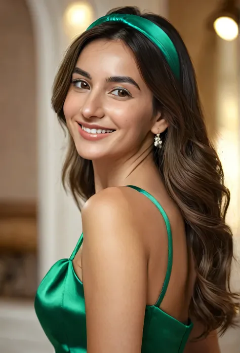 a beautiful Spanish woman with long brunette hair, wearing a shiny green satin sheath dress with spaghetti straps, hairband, necklace, looking at the camera, Wait for it,, to be kissed, happy smiling facial expression, perfect brown eyes, extremely detaile...