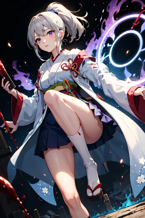 One girl, Japanese clothing, ponytail ,Gray Hair, Purple Eyes, magic circle, Blue Fire, Blue Flame, wallpaper, landscape, Blood, Blood splatter, Depth of written boundary, night, Particles of light, light, Side Lighting, Thighs, Open jacket, skirt, Knee-hi...