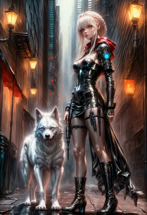 fantasy art, RPG art, ultra wide shot, RAW, photorealistic, a picture of female human ranger and her (white: 1.4) wolf pet, the ranger, an exquisite beautiful human woman, long blond hair, braided hair, green eyes, wearing leather dress, wearing (red cloak...