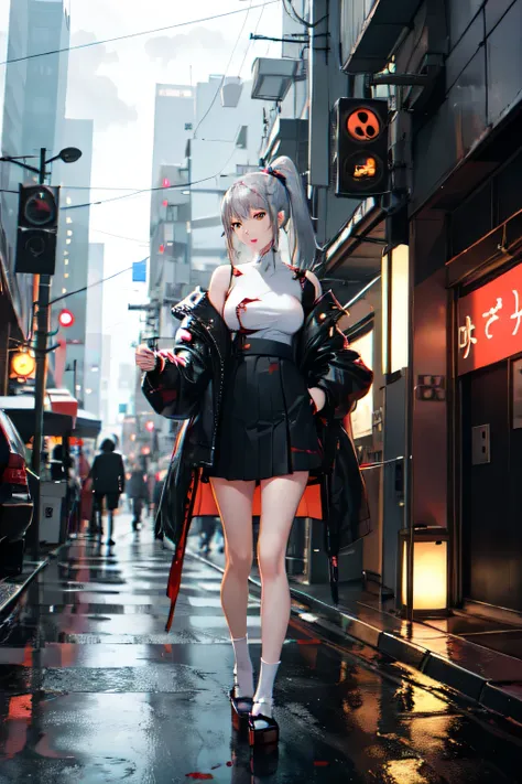 One girl, Japanese clothing, ponytail ,Gray Hair, Purple Eyes, Cyborg Girl、Android Girl、Cyberpunk World,　2 Japanese woman,　ghost in the Shell,　Blade Runner,　Clear Photos、　Beautiful Skin,　Beautiful photos,  cute girl,　Long limbs,   mini skirt, real photo., ...