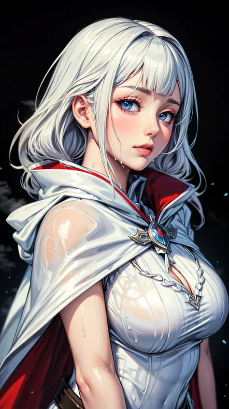 White wolf face, solo girl, cape, intricate, wet, 