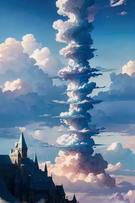 a surreal cloud staircase floating in the sky, magical fantasy landscape, dreamlike ethereal atmosphere, glowing soft lighting, pastel colors, detailed cinematic composition, epic scale, concept art style, highly detailed, 8k, masterpiece