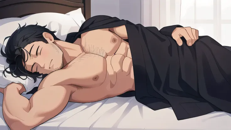 a man lies and sleeps, snores, and saliva flows from his mouth, black hair, pumped-up physique, covered with a blanket, naked man, bedroom background