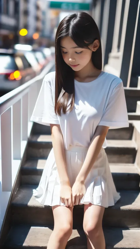 8k, real photo, ((two girls are kissing deeply1.2)), ((Full body:1.2,Voyeur with hidden camera:1.2,from a distance:1.2)),(Very beautiful  Japanese skinny girl:1.4), ((white plain t-shirt:1.2)), ((white pleated mini skirt:1.2)),Pure white high heels,disprop...