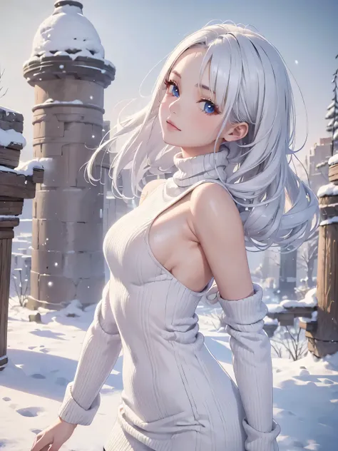 masterpiece:1.5, highquality. 1girl, turtleneck sweater, sideboob, white hair, medium breasts, bright skin. background:winter ruins, snow fall