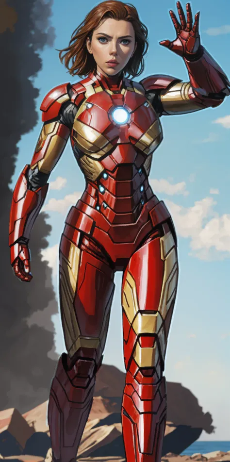 Scarlett Johansson in Iron Man armor: Mark XLIX Rescue Armor, Detailed costume design