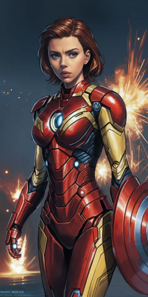 Scarlett Johansson in Iron Man armor: Mark XLIX Rescue Armor, Detailed costume design