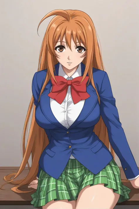 best quality,masterpiece,looking at viewer,absurdres,1girl,score_9,score_8_up,score_7_up,source_anime BREAK natsume aya,orange hair,long hair,brown eyes,ahoge,breasts,white ,skirt,bow,plaid,large breasts,jacket, plaid, green plaid skirt, blue blazer