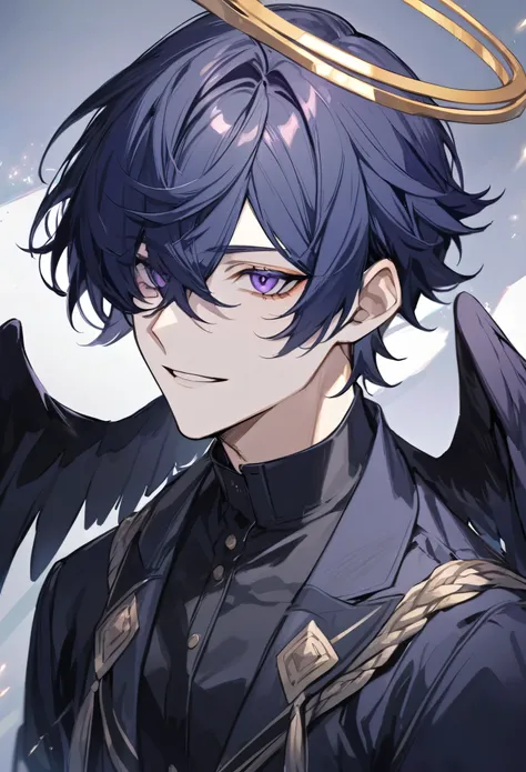 solo, handsome, 1 male, short hair, dark blue hair, dark purple eyes, black shirt, black coat, halo, dark small wings behind ears