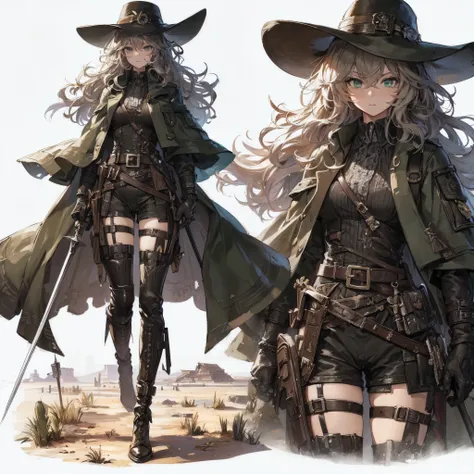 (Masterpiece, Top Quality), (Fine Hair), Ultra-Detailed, Anime like illustration Style, Solo, Full Length, ultra-massive. muscular, she is a fantasy wanderer-style Archaeologist girl, head on black-green wide brim hat, ash-grey curly hair, black-green Hunt...