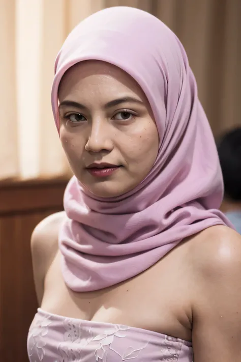((Hijab Stylish)), HALIMAHS MOTHER IS 6 HER BODY IS VERY FAT & NUDE AT A BUILDING PLACE, Ultra High Res. realistic: 1.4, UHD, lace , very flat chest, half body portrait , ((wearing Strapless))
