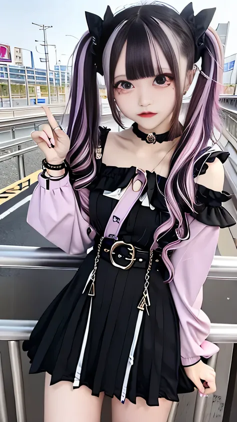 4K - ultra-vivid、highest quality, masterpiece, Ultra-high resolution, (reality: 1.4), 1 girl, Purple eyes, Cinema Lighting、purple and black hair、(Earrings、lots of earrings)、Small breasts, choker, Show her legs,Cross black top, belt, idol, kawaii,At night, ...