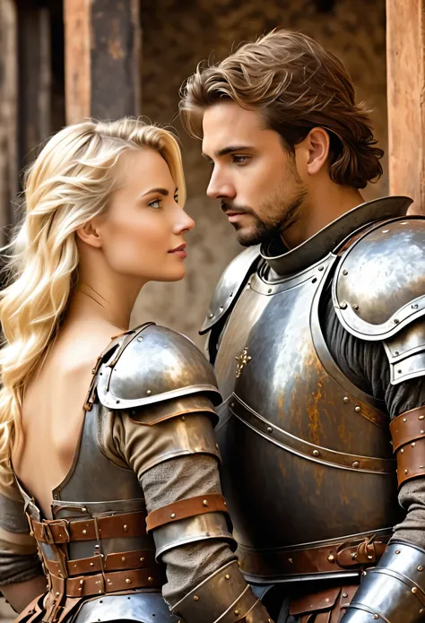 a 30 year old man trapped in a rusty old iron armor, next to a beautiful 30-year-old blonde woman who watches him as he tries to take off his armor to go talk to her. make a book cover style like the knight in shining armor by author robert fisher