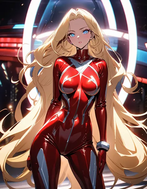 Alluring woman with flowing blonde hair and bright sapphire eyes stands confidently in a figure hugging red bodysuit in front of a sleek, futuristic star ship lit by soft lights. Combines high fashion and gritty 90s sci fi anime. Retro futuristic. Best qua...