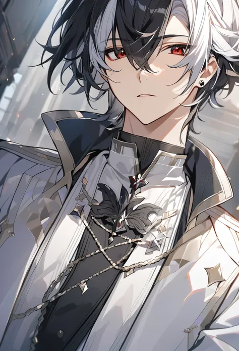 solo, handsome, 1 male, short hair, white hair, black hair, red eyes, white shirt, white coat