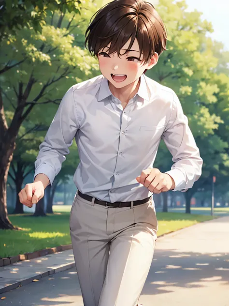 1 boy,Running in the park, laughing, looking away,,White shirt, long sleeve shirt,White trousers,brown hair,brown eyes, ,Background of orphanage