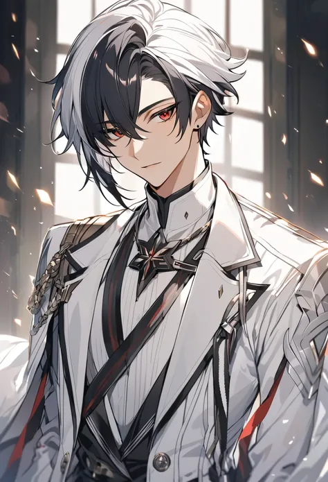 solo, handsome, 1 male, short hair, white hair, black hair, red eyes, white shirt, white coat