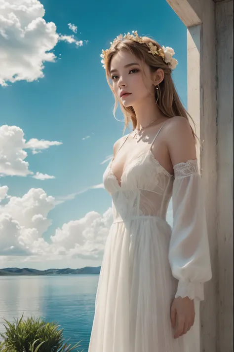 8k,Goddess is an invincible masterpiece,Super Beauty(Like the real thing), Ultra Photorealism, A perfect work of art, Intricate details, 最high quality, Strong light, High contrast, White and golden dress with white and golden robes(mechanical:1.2)(Tabletop...