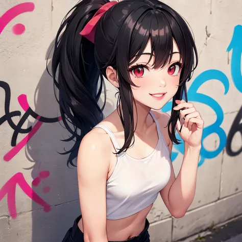 masterpiece, best quality, 1girl, red eyes, black hair, pink lips, white skin, smiling, upper body, white croptop, ponytail, small breasts, smile, behind a wall with graffiti,