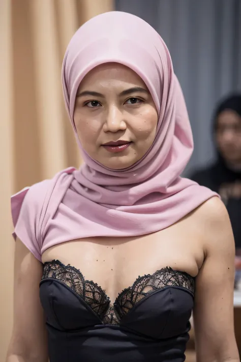 ((Hijab Stylish)), HALIMAHS MOTHER IS ((66 YEARS-OLDER)), HER BODY IS VERY FAT & NUDE AT A BUILDING PLACE, Ultra High Res. realistic: 1.4, UHD, lace , very flat chest, half body portrait , ((wearing Strapless))