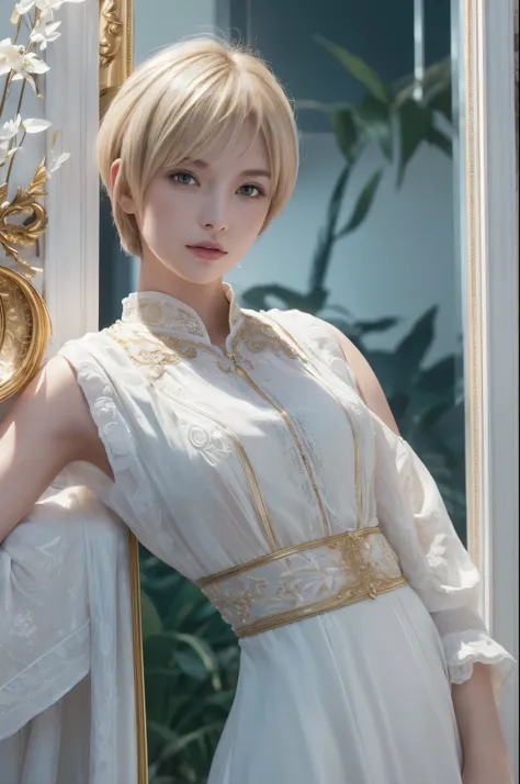 8k,The goddess of white short bob hair is an invincible masterpiece,Super Beauty(Like the real thing), Ultra Photorealism, A perfect work of art, Intricate details, 最high quality, Strong light, High contrast, White and golden dress with white and golden ro...