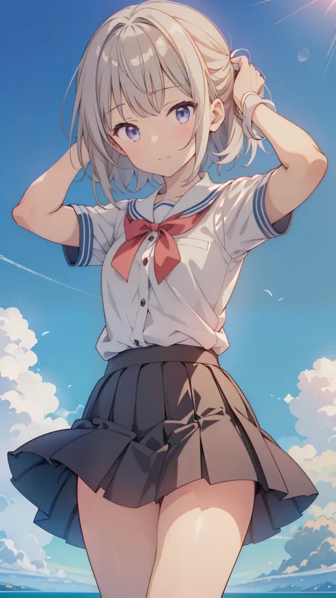 Short skirtと白いシャツを着た女性が歩道に立っている 最高品質, 1 girl, Uniform Ilya, Ilya&#39;uniform,Outdoor,(((Wind lift))),Skirt Lift, Side ties_panties, Skirt fluttering in the wind,I could see the whole body, ((Beautiful eyelashes, Realistic eyes)), ((Detailed face, blush:1.2...