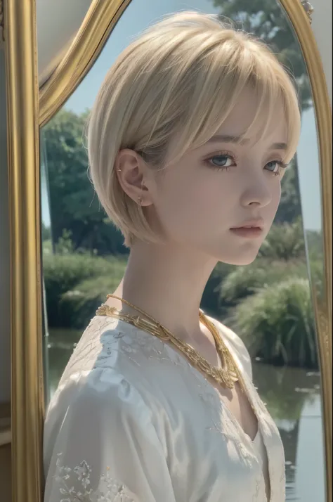 8k,The goddess of white short bob hair is an invincible masterpiece,Super Beauty(Like the real thing), Ultra Photorealism, A perfect work of art, Intricate details, 最high quality, Strong light, High contrast, White and golden dress with white and golden ro...