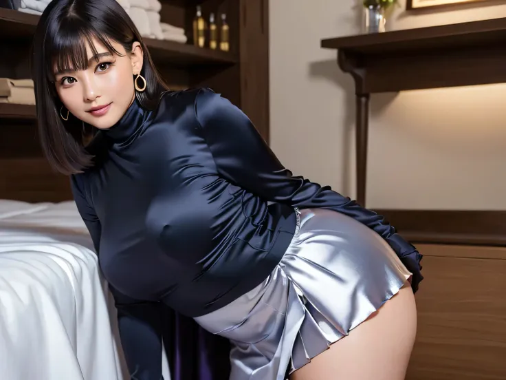 (8k, Highest quality, Ultra HD,masterpiece: 1.2)Wearing a metallic turtleneck satin shirt with a strong sheen of silk satin:1.8,She is wearing a metallic long pleated skirt:1.8,,gigantic breasts:1.8,Plump,Chubby,smile,bigbody,Very fat,blunt bangs:1.3,Hair ...