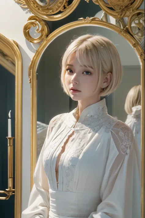 8k,The goddess of white short bob hair is an invincible masterpiece,Super Beauty(Like the real thing), Ultra Photorealism, A perfect work of art, Intricate details, Strong light, High contrast, White and golden dress with white and golden robes(mechanical:...