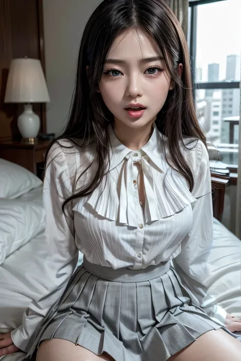 She is wearing a white long-sleeved blouse with a collar that shows her bust、wearing a gray pleated skirt、Long Hair、Sitting