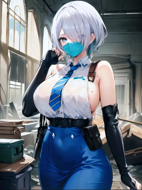 (masterpiece, best quality, ultra detailed, absurdres:1.5), 1girl, (sexy, beautiful woman, perfect face, perfect eyes, perfect female body, large breasts:1.5), (nikke,brid, white hair, low ponytail, hair over one eye, earrings, garrison cap, sleeveless shi...