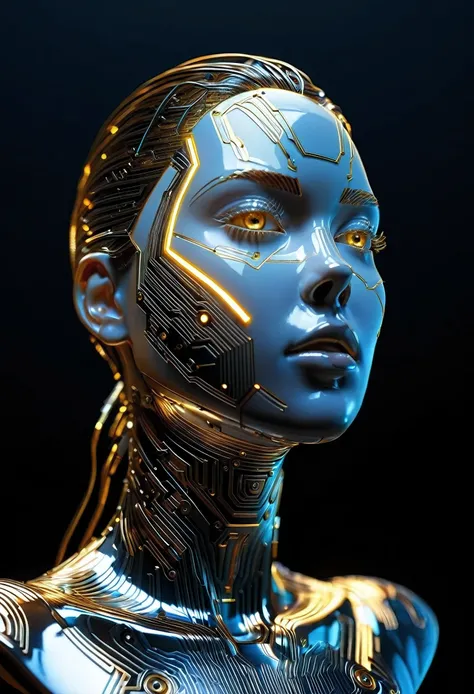 a highly detailed and complex circuit board female bust portrait, winner of the Behance competition, vanity, angle, gold medal, bolt of lightning, glowing lines, dark background, (best quality,4k,8k,highres,masterpiece:1.2),ultra-detailed,(realistic,photor...