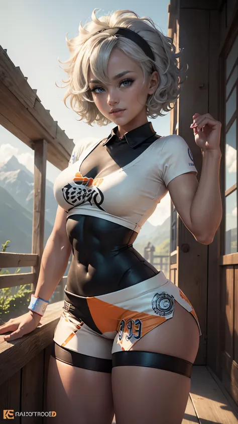 Bea da pokemon,(best qualityer,4K,8k,high resolution,work of art:1.2)(weather: windy), 1girl, solo girl, mountain view background, tea house, short curly hair, gray hair, cropped shirt, micro shorts, thigh high stockings, headband, gloves, leotard, ultra d...