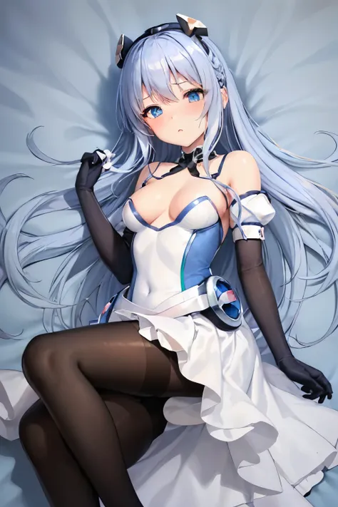 (Highest quality:1.2),  Alone、Symphonic_sugar,light blue hair,navy blue eyes,Hair Ornament],long hair,white long_glove,light blue short dress,black pantyhose,high heel, petite,、(blush:1.1), Embarrassing, View your viewers、((Photo from below))、Trampling