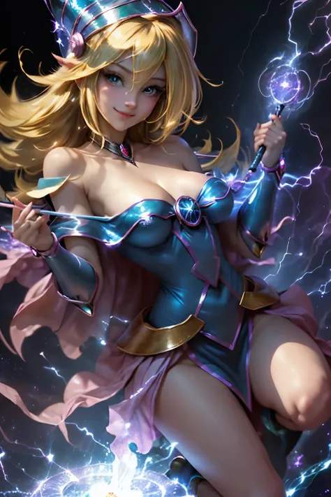 (masterpiece:1.2), (Best Quality:1.2), perfect lighting, The dark magician girl (Casting Spells: 1.3), in her 20floating in the air: 1.3), Visible medium breasts, transparent neckline, smile, smiling,Laugh. from above, Sparkles, (Hands with magical effects...