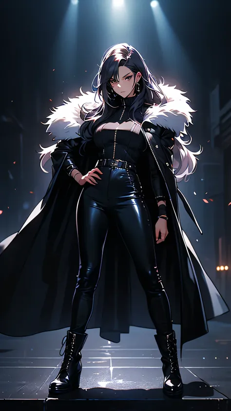 and 9:16 Full Body Illustrations of Caecilia, A noble but rebellious young woman with long hair, Straight purple hair styled in a sharp bob that grazes just below the jaw. She is wearing a luxurious, Black tight leather suit with intricate red detailing, i...