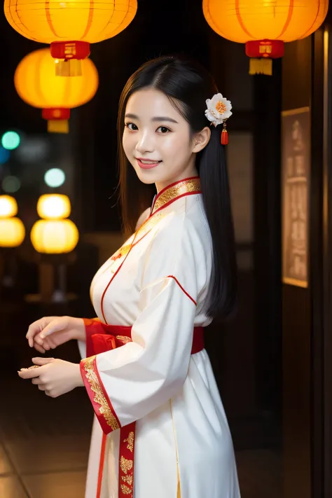 Chinese girl，Wearing Hanfu，Large Breasts，Full bust，The chest is pronounced，Medium-length hair，Smiling，Turn sideways to look at the camera，Lantern，Mid-Autumn Festival，night，Bright Moon，pedestrian mall，HD，Symmetrical composition，Warm colors，Telephoto lens，So...