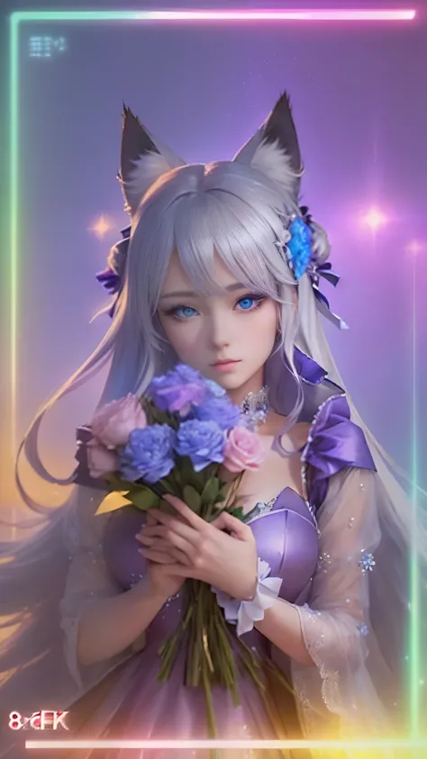 A woman with long silvery hair and blue eyes holding a bouquet of flowers in her hands,With cat ears on the head,A gorgeous purple dress that hides no skin, Anime Style. 8k, Anime Styled digital art, Anime Style 4 k, Digital anime art, Realistic anime 3D s...