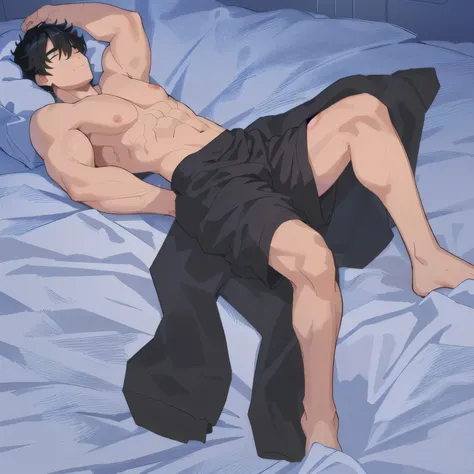 a man lies and sleeps, snores, and saliva flows from his mouth, black hair, pumped-up physique, covered with a blanket, naked man