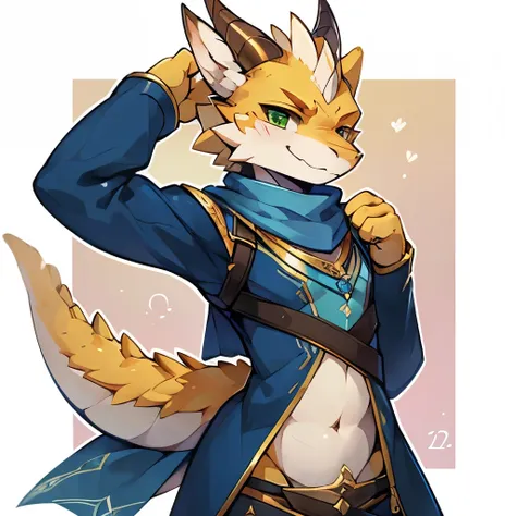 ((masterpiece, best quality)), (anthro furry:1.3, snout:1.2, anthro:1.3, furry:1.2, solo male:1.2, smug smile), Furry, kemono, Dragonborn, anthropomorphic dragon, colored scales, pointed horns, male, femboy, gold scales, gold skin, green eyes, mage clothes...