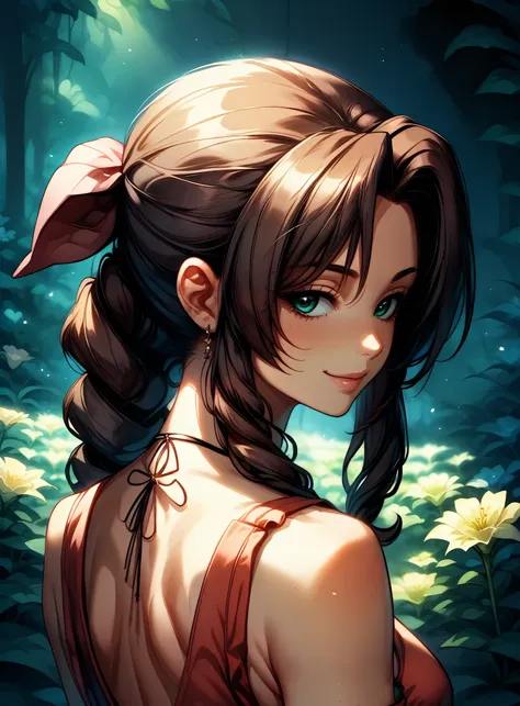 aerith gainsborough, the beloved flower girl from midgar, in a serene and peaceful setting. she is seated on a moss-covered ston...