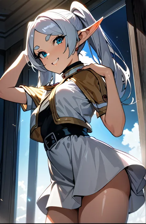 1girl, (frieren),elf ear,silver hair,twin tails,(white skirt),cape,black tights,(masterpiece:1.2, highest quality), (natural side lighting, movie lighting), standing by the window, sexy pose,1girl, perfect face, shiny skin, baby face, long eyelash, (medium...