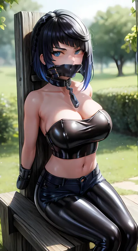 8k, highres, ultra detailed, (masterpiece:1.4), best quality, symmetrical body, (black latex strapless crop top:1.4), (jeans shorts:1.4), choker, cute, solo, earrings, short hair, blue hair, blue eyes, glow effect, finely eye, detailed face, looking at vie...