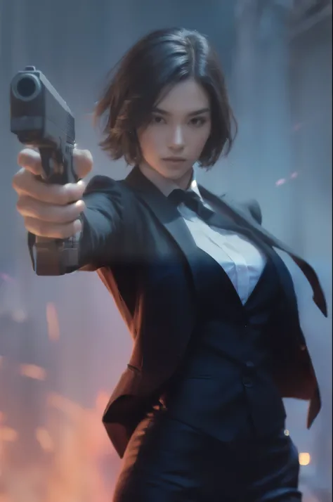 woman with short hair, in black suit, holding a gun, detailed character