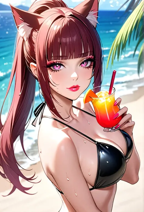 1girl, bikini, tight bikini (SHARP detail perfect face), (cat ears), (cat girl),maroon red hair,(shiny peach lipstick) (pink eyes), long hair, medium breasts, long eyelashes, mature, (smirk, closed lips, big plump lips, eyeshadow) shiny skin, beautiful eye...