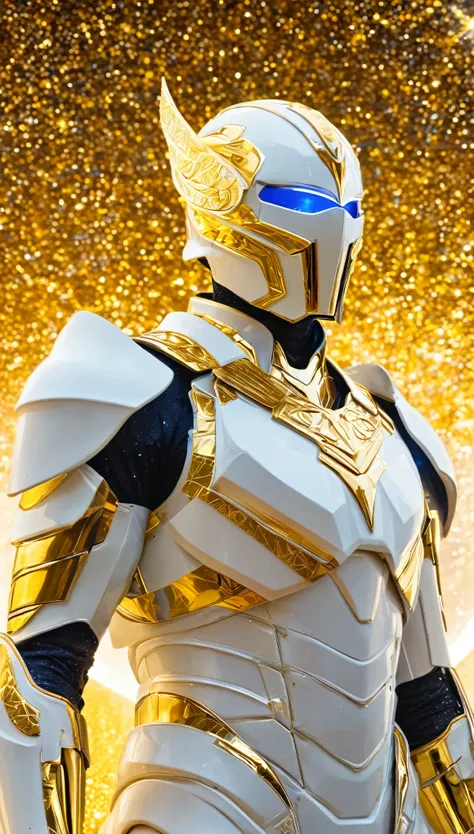 A breathtaking, cinematic science fiction portrait of the Celestial Sentinel, an imposing, non-human figure cloaked in white and gold armor that gleams with celestial light. His face is entirely featureless, a smooth, oval-shaped mask of glowing white ener...