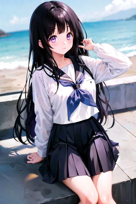 1girl, chitanda eru, long hair, black hair, school uniform, purple eyes, white shirt, white socks, pleated skirt, bangs, black sailor collar, neckerchief, black skirt, long sleeves, beach